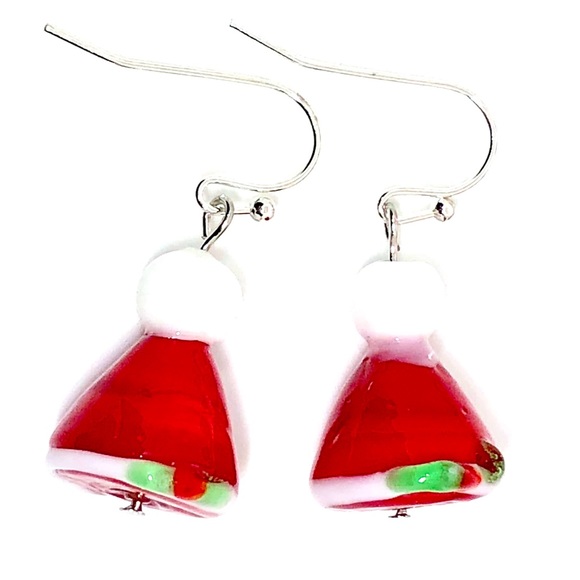 Red White Santa Claus Hat with Green Holly Lampwork Glass Christmas Earrings - Picture 2 of 3